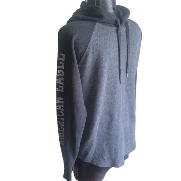 American Eagle Men's Black and Grey Waffle Knit Pullover Hoodie S - Picture 3 of 6